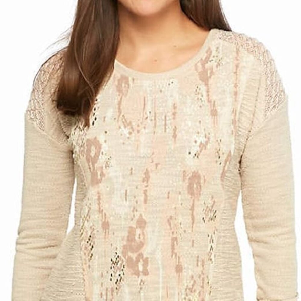 Miss Me Sportswear Foil Print Split Back Top in Taupe Beige. Sz: L